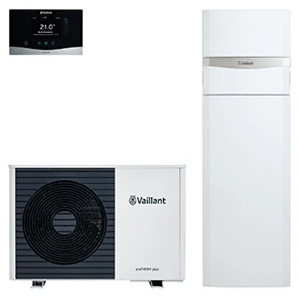 Split-System von Vaillant, bestehend aus Außengerät mit Lüfter und Inneneinheit in vertikaler Ausführung, zusammen mit dem Steuergerät oben links im Bild.